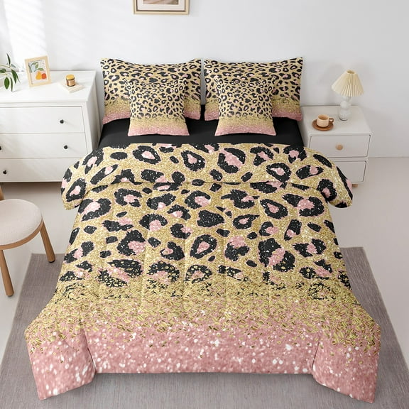 Erosebridal 7 Piece Full Size Leopard Print Comforter Set,Gold Sequins Print Sheet Set With Comforter,Pink Cheetah Print Bedding Set African Animals Bed Set Big Cat Spot Western Decor