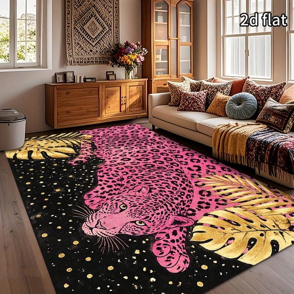 Pink Leopard Print Area Rug, Non-Slip Rubber Bottom