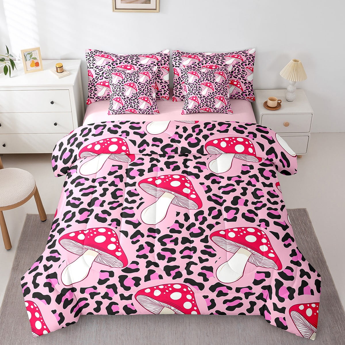 Pink Leopard Print Bed in a Bag Queen Comforter Set 7 Piece,Red ...