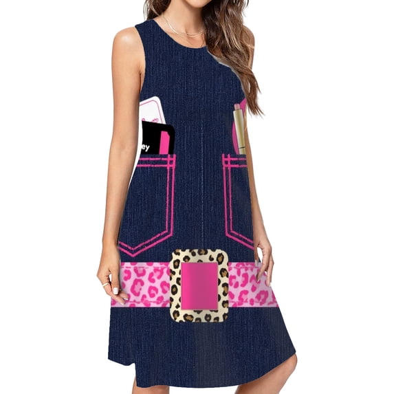 Pink Leopard Print Belt Denim Pockets Casual Sleeveless Loose Sundress Dress For Women Summer Dress Daily Woman