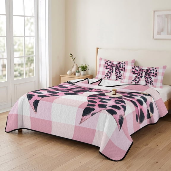 Pink Leopard Print Bow 3 Pieces Quilt Set,1 Quilt with 2 Shams,Check Background Bedspread Soft Lightweight Bedding Coverlet Comforter Set for All Season 90"x96"