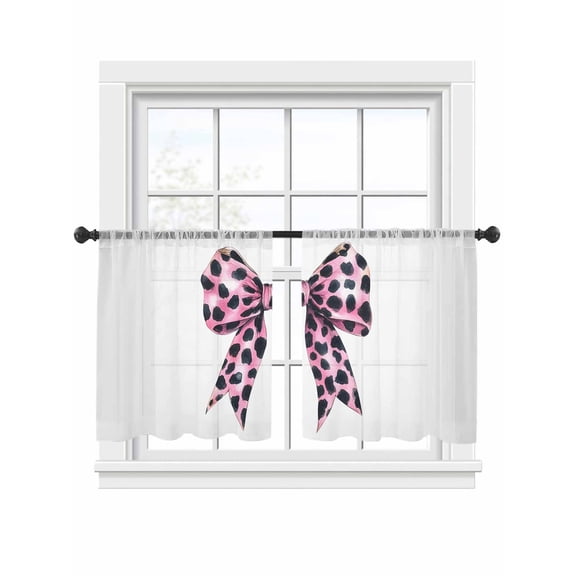 Pink Leopard Print Bow Sheer Curtains 2 Panels Set Spring Abstract Big Bow Vintage Sheer Window Curtains Light Filtering Rod Pocket Voile Drapes for Bedroom Living Room 52"x45"