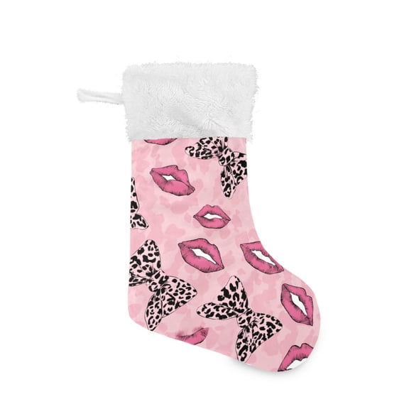 Pink Leopard Print Bows Lips Christmas Stockings Large Capacity 18 inch Gift Bag with Hook Xmas Holiday Decor 1 Pack