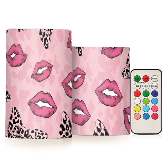 Pink Leopard Print Bows Lips Flickering Flameless Candles LED Tealight Battery Operated with Remote Set of 2 Holiday Decor Ornaments
