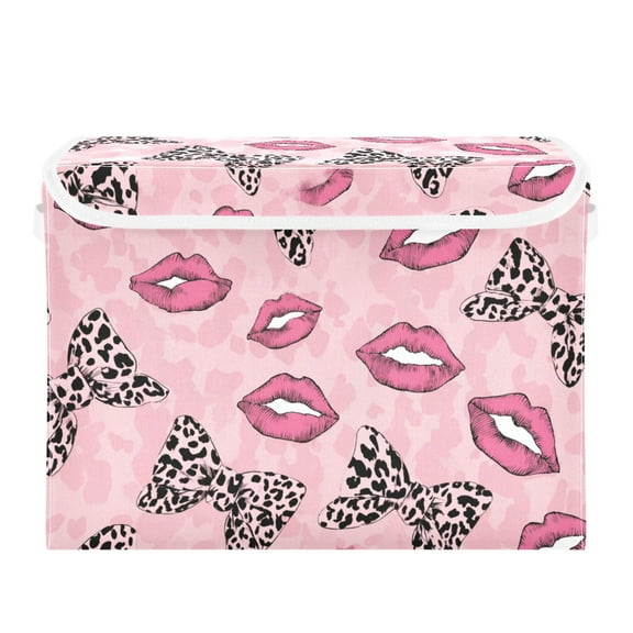 Pink Leopard Print Bows Lips Foldable Storage Bin with Lid and Handle Collapsible Storage Box 16.5 x 12.6 x 11.8 inches