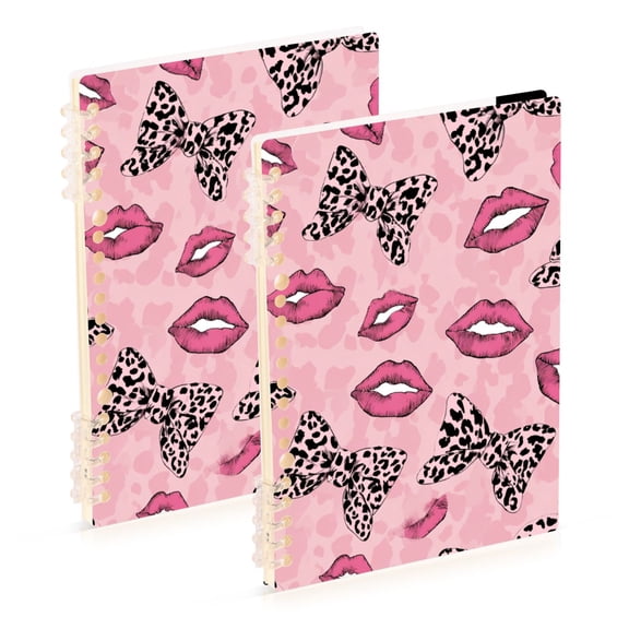 Pink Leopard Print Bows Lips Notebook Detachable Coil Notebook Diary Plan Book A5 Size 60 Pages 2 Pack