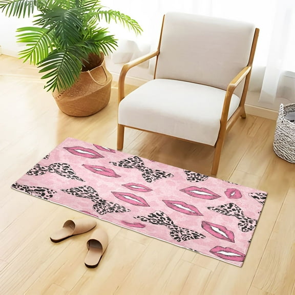 Pink Leopard Print Bows Lips Plush Carpet Non Slip Runner Rug Absorbent Bath Mat 39" x 20"