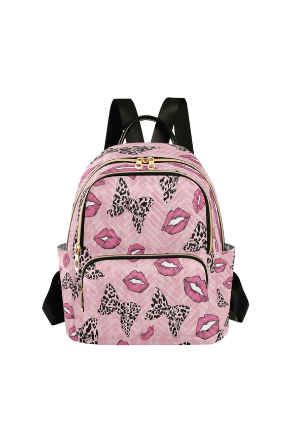 Pink Leopard Print Bows Lips Quilted Backpack Fashion Daypack Commuter Bag for Women 8.5 L