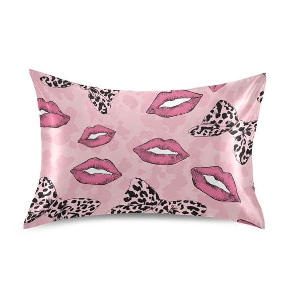 Pink Leopard Print Bows Lips Satin Pillowcase Envelope Design Pillow Covers 1 Pack Standard Size 20" x 26"