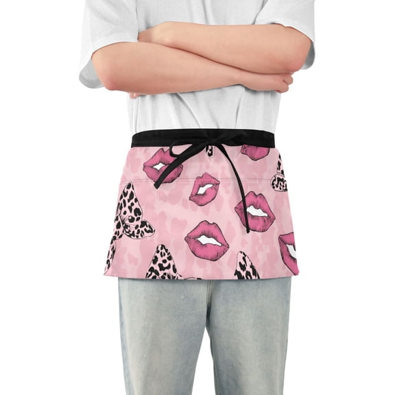 Pink Leopard Print Bows Lips Short Server Apron with 3 Pockets for Unisex Chef Gardening