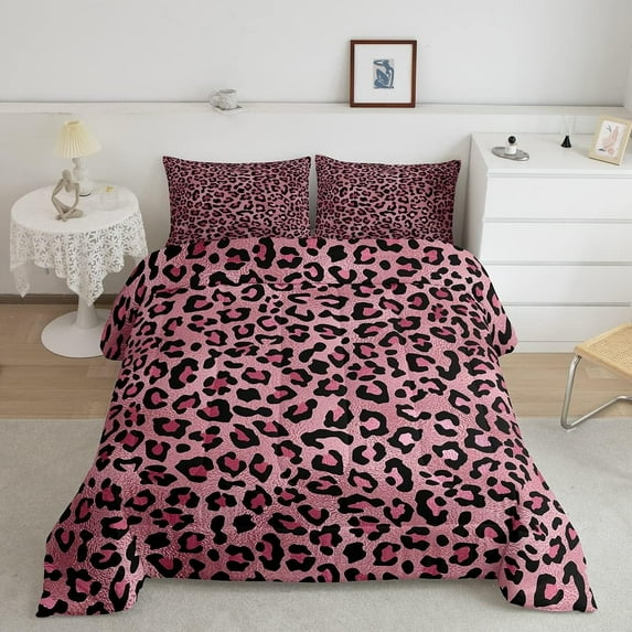 Pink Leopard Print Comforter Set,Cheetah Bedding Set Teens Adults Room Decor,Animal Texture Quilt Set Romantic Fashion Duvet Insert