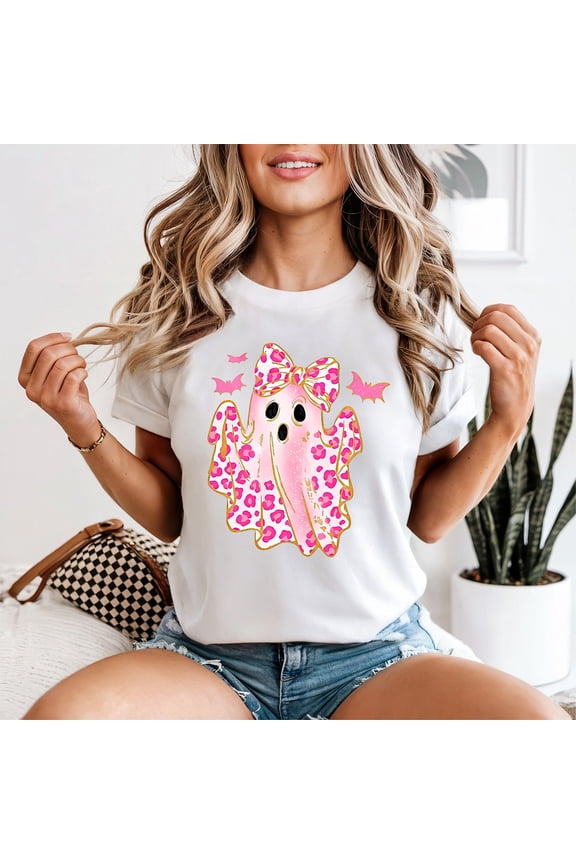 Pink Leopard Print Ghost Womens T-Shirt Tee