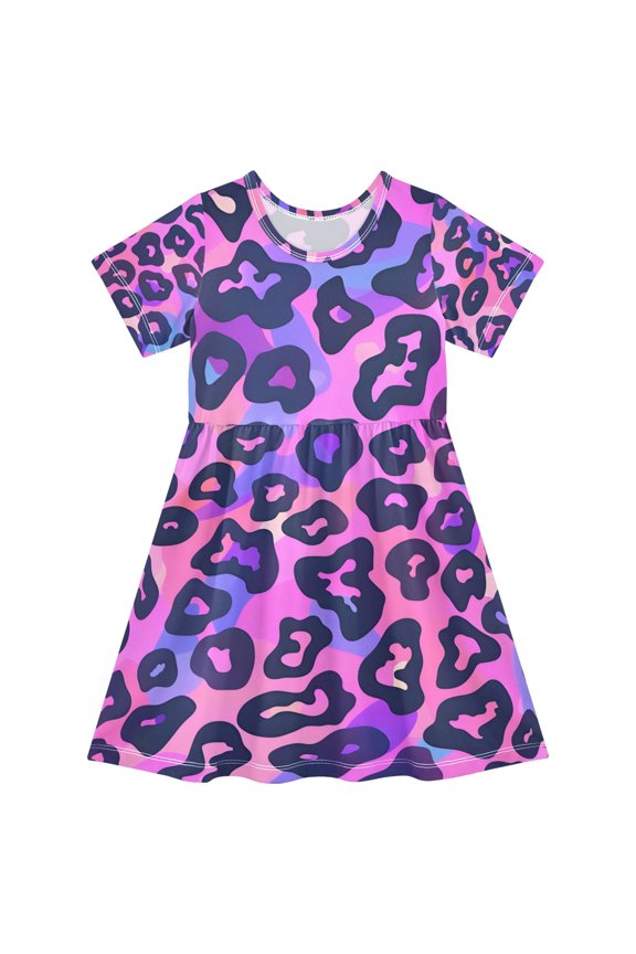 Pink Leopard Print Girls Short Sleeve Dress A Line Sun Protection Breathable Comfort Sundress 2T