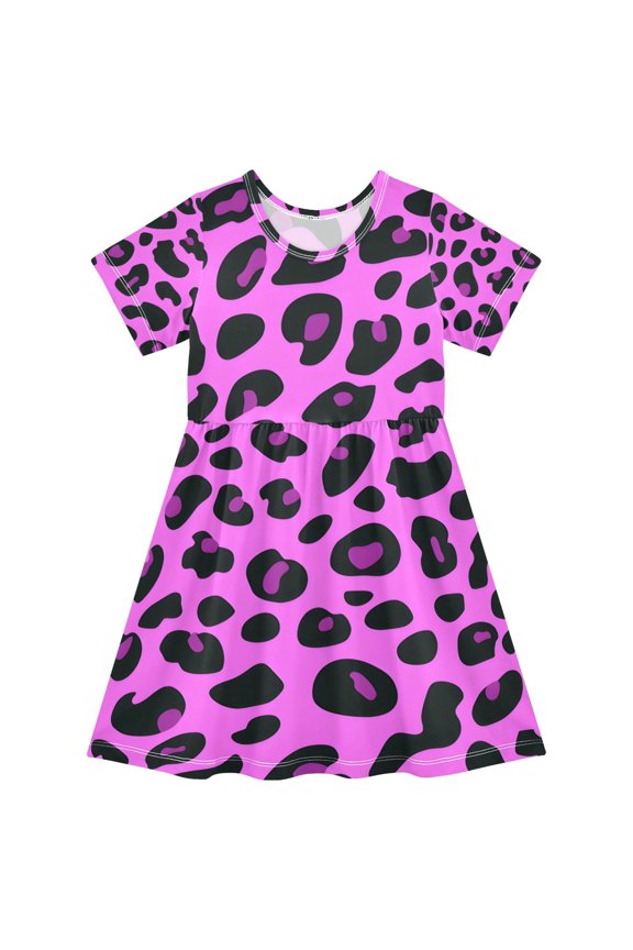 Pink Leopard Print Girls Short Sleeve Dress A Line Sun Protection Breathable Comfort Sundress 4T