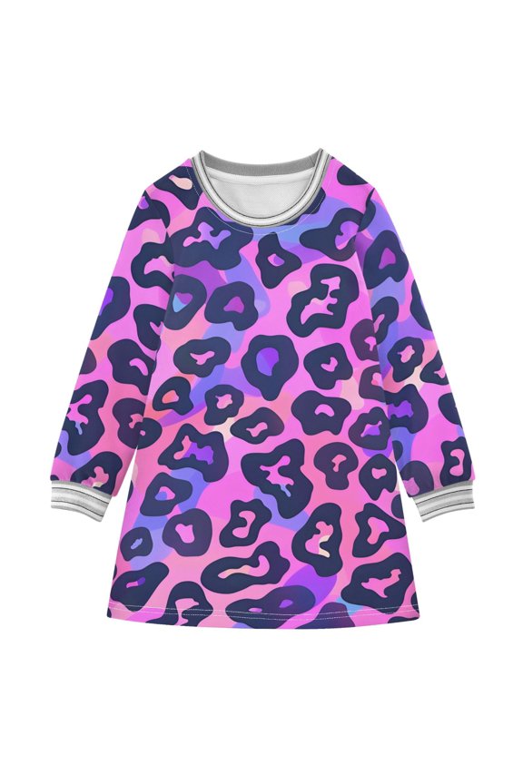 Pink Leopard Print Girls'long-sleeved dress Thickened A-dress Warm Dress Basic Shirt Party Dresses