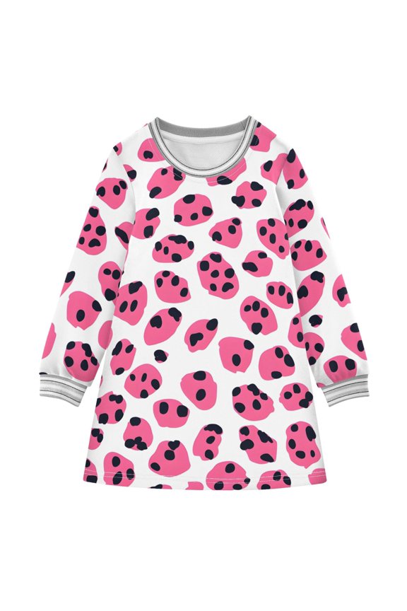Pink Leopard Print Girls'long-sleeved dress Thickened A-dress Warm Dress Basic Shirt Party Dresses