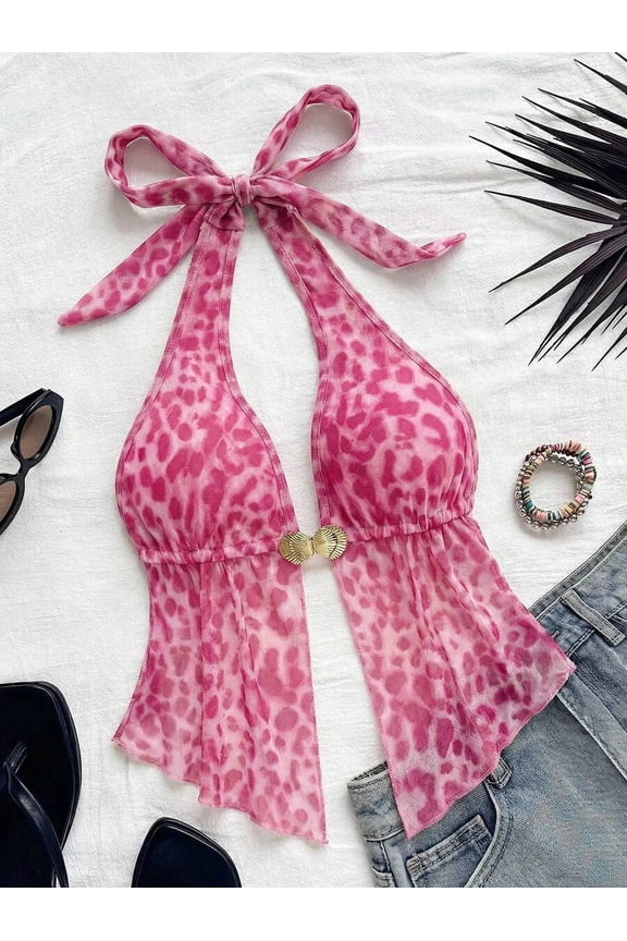 Pink Leopard Print Halter Crop Top With Bow Tie And Shell Buckle