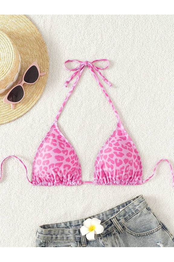 Pink Leopard Print Halter Tie-Front Triangle Bikini Top For Beach Vacation Summer