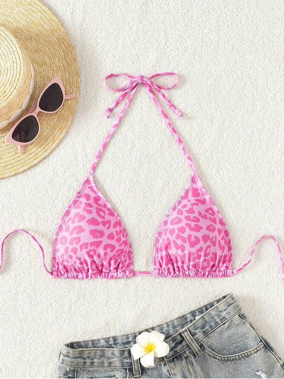 Pink Leopard Print Halter Tie-Front Triangle Bikini Top For Beach Vacation Summer