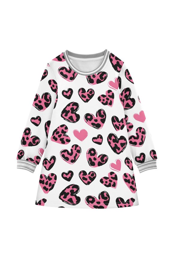 Pink Leopard Print Heart Girls'long-sleeved dress Thickened A-dress Warm Dress Basic Shirt Party Dresses