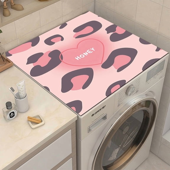 Pink Leopard Print Heart Pattern Washing Machine Mat 50x60cm - Dust Proof Non-Slip Protector for Front Load and Top Load Washers