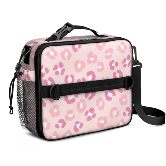 Pink Leopard Print Insulated Lunch Bag with Shoulder Strap and Bottle Holder,Bento School Lunch Bag Box,11x9.5x3.5 Inches