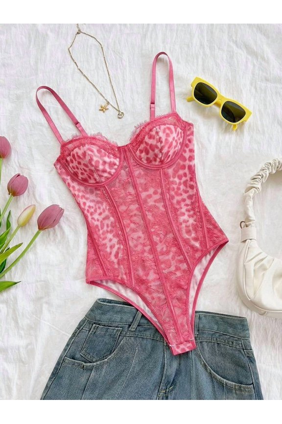 Pink Leopard Print Lace Bustier Bodysuit With Spaghetti Straps