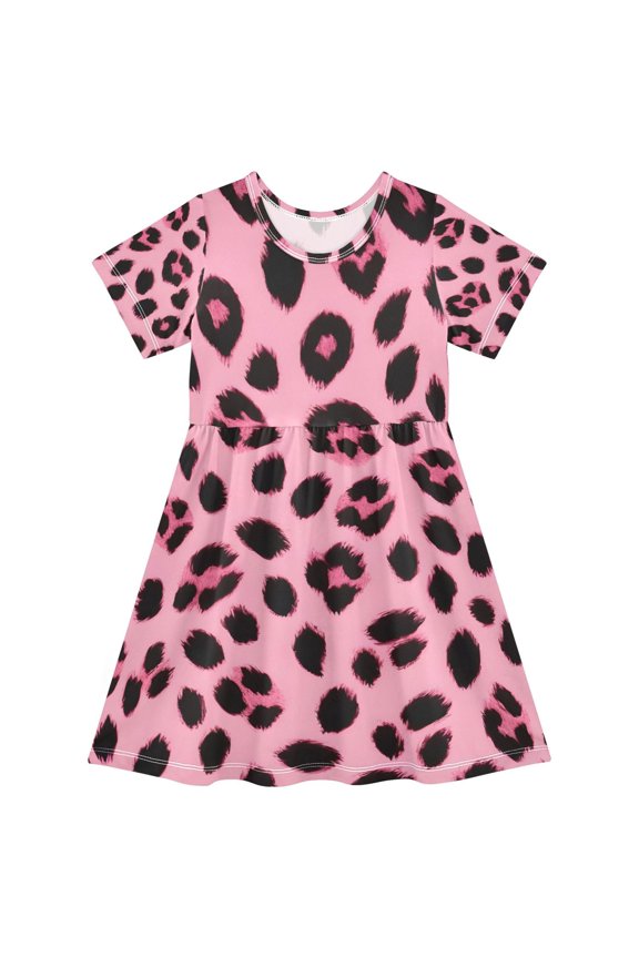 Pink Leopard Print Pattern Girls Short Sleeve Dress A Line Sun Protection Breathable Comfort Sundress 3T