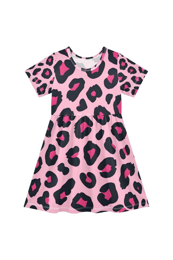Pink Leopard Print Pattern Girls Short Sleeve Dress A Line Sun Protection Breathable Comfort Sundress 4T