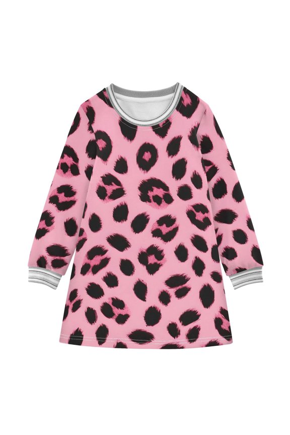 Pink Leopard Print Pattern Girls'long-sleeved dress Thickened A-dress Warm Dress Basic Shirt Party Dresses
