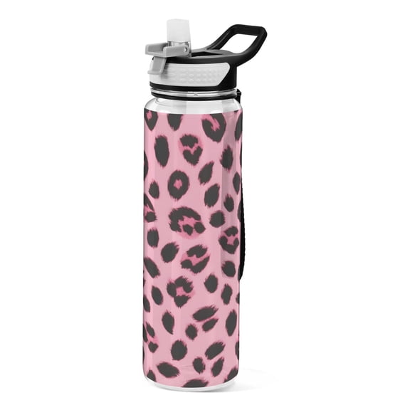 Pink Leopard Print Pattern Sport Water Bottle Tritan with Straw 1000ml Portable for Outdoor Daily Use
