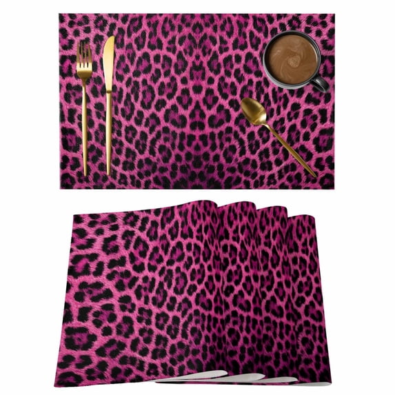 Pink Leopard Print Placemats Set of 8, Retro Chic Abstract Animals Texture Placemats for Dining Table, Place Mats for Kitchen Tabletop, Waterproof Wipeable Dining Table Mats Set