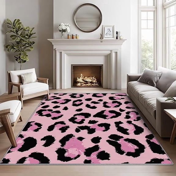 Pink Leopard Print Rugs for Bedroom, Black and Pink Rug, Girls Cheetah Area Rug, Animal Print Washable Door Mat for Entryway, Kitchen, Leopard Cheetah Home Decor & Gifts 3 x 4ft