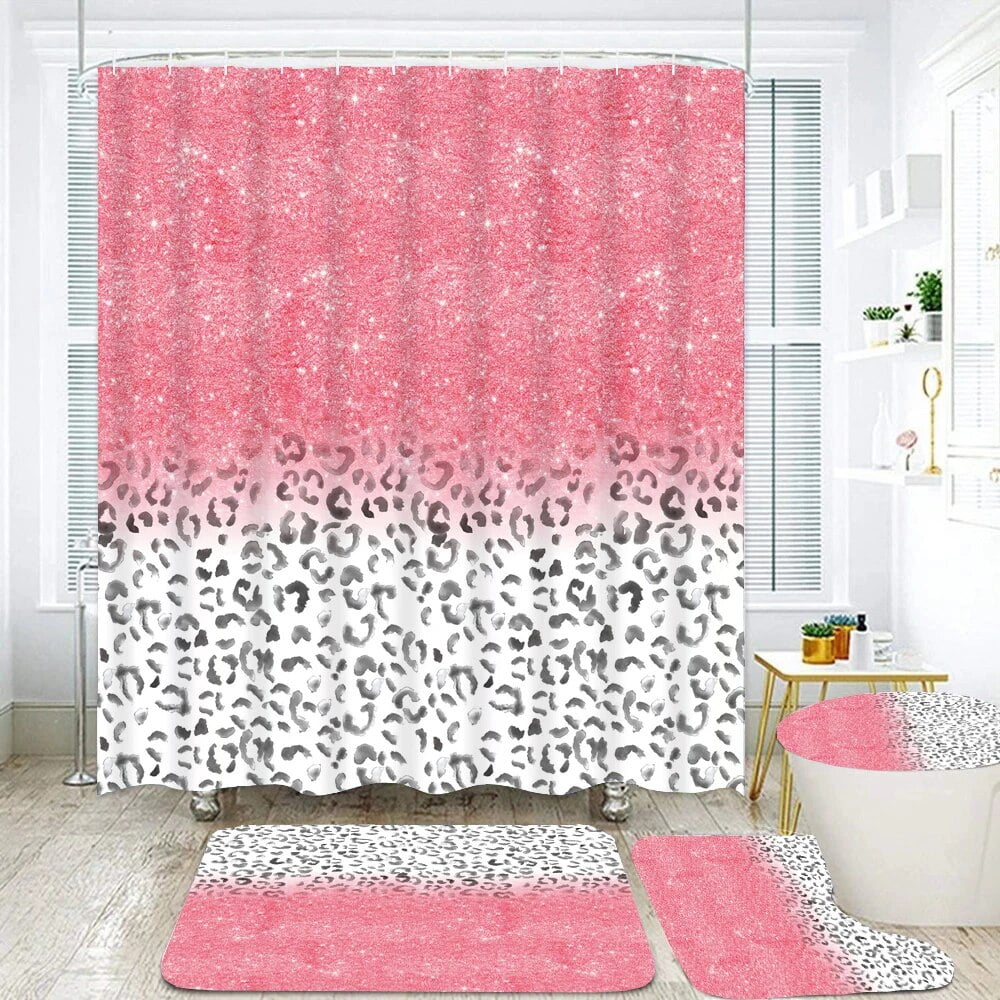 Pink Leopard Print Shower Curtains Shiny Decor for Bathroom Polyester