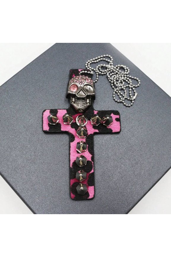 Pink Leopard Print Skull Cross Pendant Necklace With Rhinestones