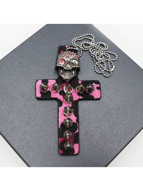 Pink Leopard Print Skull Cross Pendant Necklace With Rhinestones