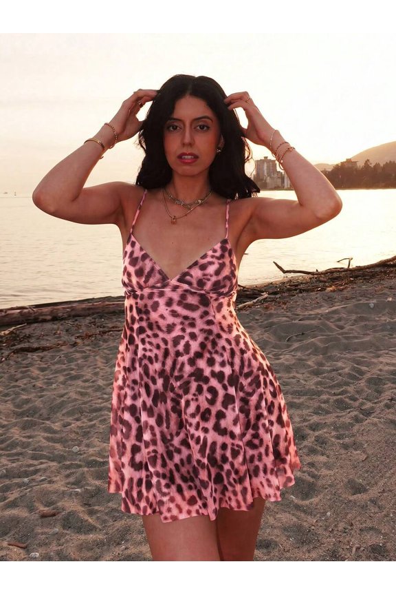 Pink Leopard Print Slip Mini Dress For Beach Vacation Summer Elegant
