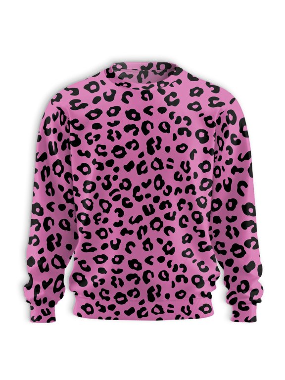 Pink Leopard Print Sweatshirt, Black Animal Print Pullover, Trendy Cheetah Pattern Crewneck for Men and Women
