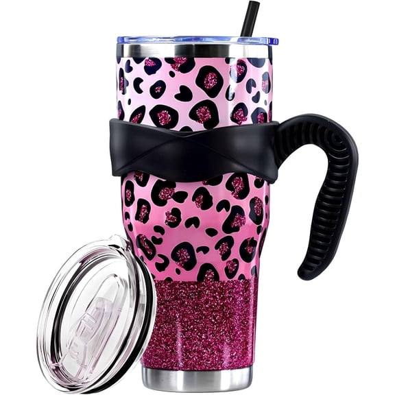 Pink Leopard Print Tumbler with Handle and Silicone Straws - 40 Oz Cheetah Insulated Tumbler - Leopard Cup Gift for Women