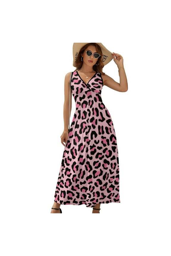 Pink Leopard Print Womens Night Club Maxi Dress V Neck Sleeveless Bohemia Long Dresses