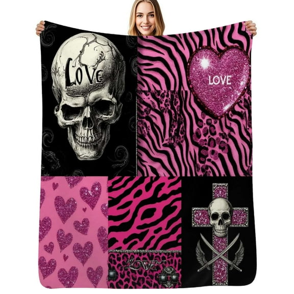 Pink Leopard Print and Skulls Soft Blanket Travel Bedding Throws Flannel Bedspread Sofa Bed Cover
