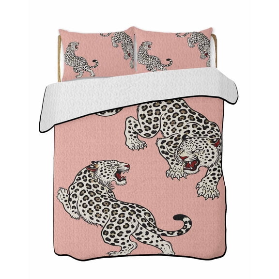 Pink Leopard Quilts Bedding Set Queen Size Modern Style Wild Animal Rustic Linen Texture Lightweight Quilted Bedspread 3 Piece Bed Quilt with 2 Pillow Shams All Season for Bedroom 78" x 90"