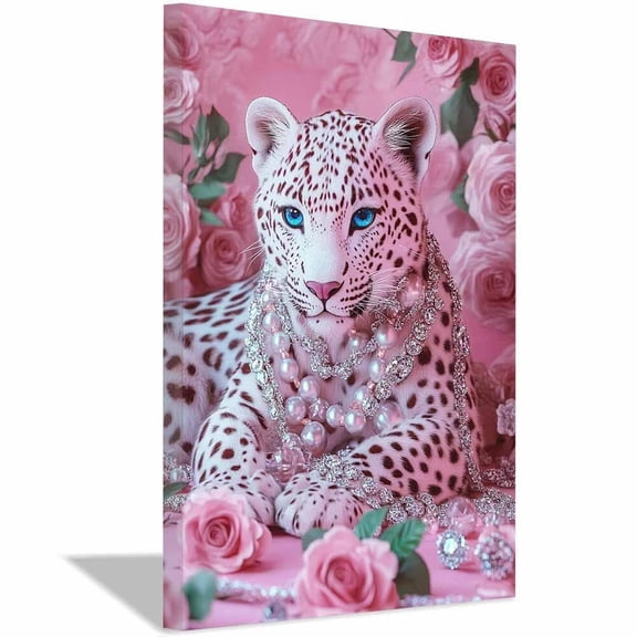 Pink Leopard with Roses and Pearls,Framed Elegant Leopard Prints,Romantic Animal Art,Suitable for Living Room,Bedroom,Office,Hallway,Home Decor,Wrapped Canvas Art,Ready to Hang - 12"L x 8"W
