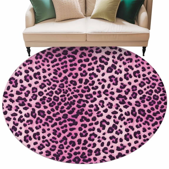 Pink Leopard Round Rug 5ft Washable Circle Kitchen Rugs Non Slip Elegant Modern Art Aesthetics Large Area Rug Indoor Floor Carpet for Bedroom Living Room Home Office Dining Room Nursery