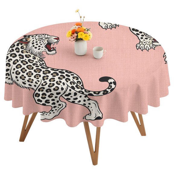 Pink Leopard Round Tablecloth 54 inches Modern Style Wild Animal Rustic Linen Texture Waterproof Oil-Proof Table Cloth Round Table Cover for Holiday Party Picnic Dinner Decor Indoor and Outdoor Use