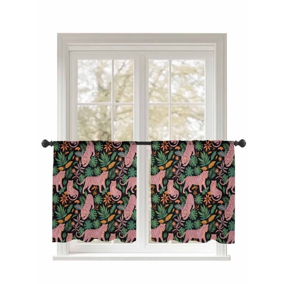 Pink Leopard Sheer Curtains 2 Panels Set Green Palm Leaf Orange Leaves Lihgt Filtering Rod Pocket Voile Drape, Semi Sheer Window Curtains for Bedroom Living Room, 52"x54"