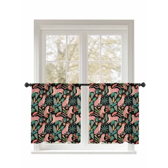 Pink Leopard Sheer Curtains 2 Panels Set Orange Leaves Green Palm Leaf Lihgt Filtering Rod Pocket Voile Drape, Semi Sheer Window Curtains for Bedroom Living Room, 52"x45"