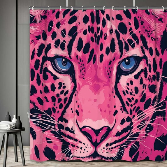 Pink Leopard Shower Curtain, Funny Cute Animal Leopard Face Print Winter Bath Curtain Set, Modern Minimalist Home Bathroom Curtain Decor with 12 Hooks, 72X72in