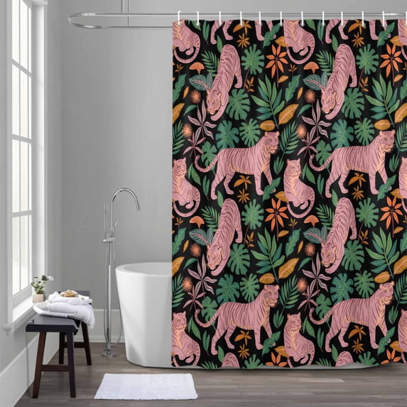 Pink Leopard Shower Curtain for Bathroom Decor, Green Palm Leaf Waterproof Fabric Shower Curtain, 36"x78" Set with 12 Hooks