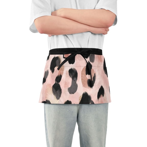 Pink Leopard Skin with Black Dots Short Server Apron with 3 Pockets for Unisex Chef Gardening